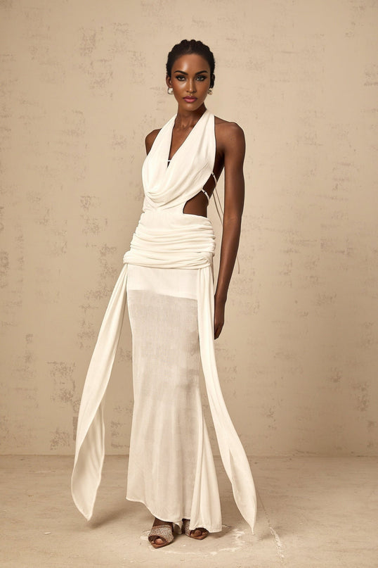 Ninfa White Halterneck Maxi Dress with Open Back and Ruched Detailing
