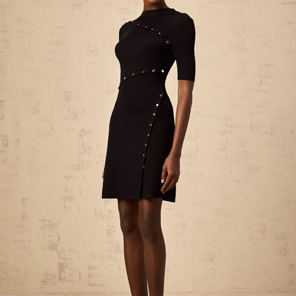 Nives Black Crew Neck Mini Dress with Gold Buttons and Side Slit