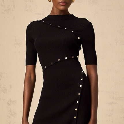 Nives Black Knit Mini Dress with Gold Buttons and Side Slit