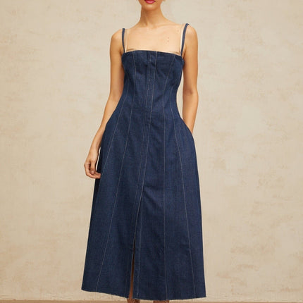 Nives Blue Denim Tulle Panel Midi Dress with Front Slit