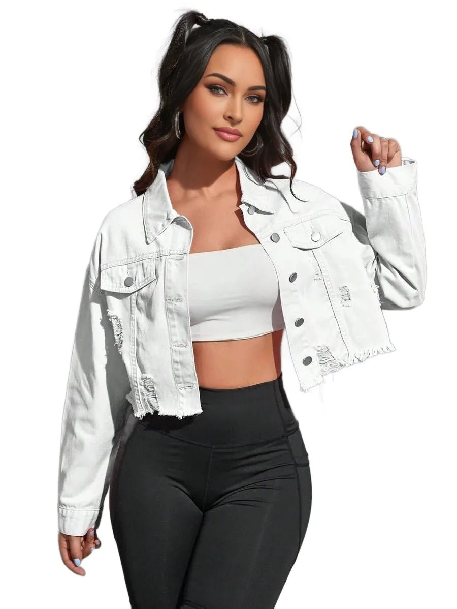 Nives Cropped Denim Jacket with Distressed Hem in White - White