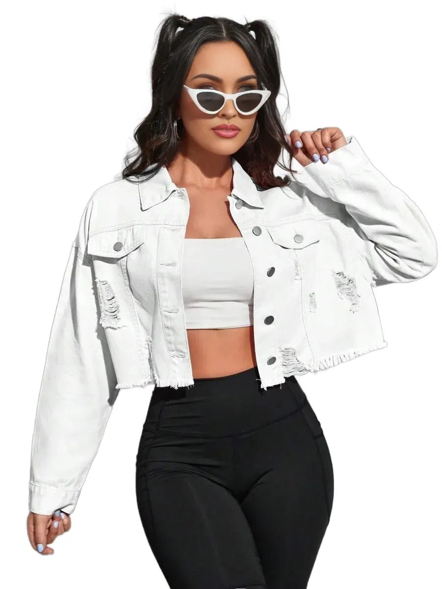 Nives Cropped Denim Jacket with Distressed Hem in White - White