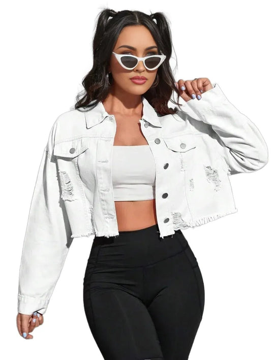 Nives Cropped Denim Jacket with Distressed Hem in White - White