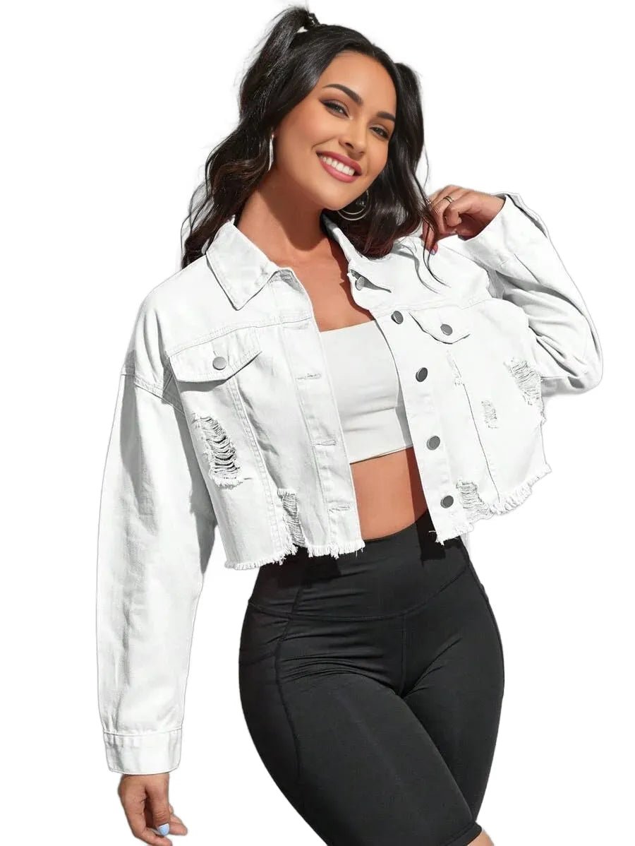 Nives Cropped Denim Jacket with Distressed Hem in White - White