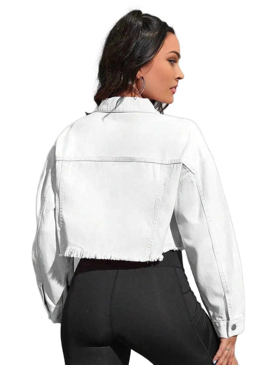 Nives Cropped Denim Jacket with Distressed Hem in White - White
