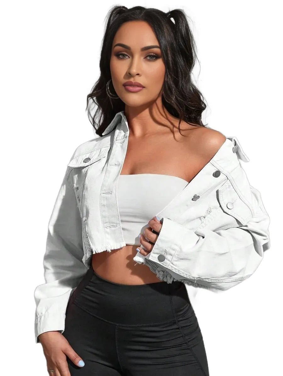 Nives Cropped Denim Jacket with Distressed Hem in White - White