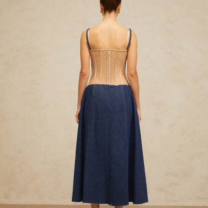 Nives Denim Midi Dress in Indigo Blue with Tulle Paneling and Boned Bodice