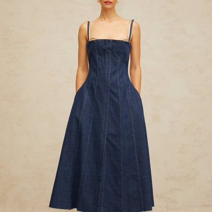 Nives Midi Dress in Indigo Blue & Neutrals Denim with Tulle Paneling and Boned Bodice
