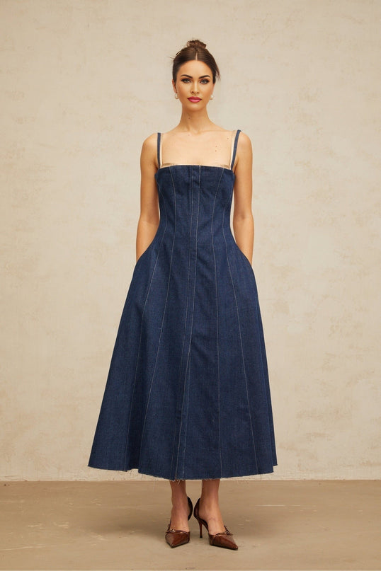 Nives Midi Dress in Indigo Blue & Neutrals Denim with Tulle Paneling and Boned Bodice