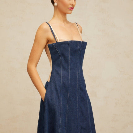 Nives Midi Dress in Indigo Blue & Neutrals Denim with Contrast Stitching Square Neck Front Slit Layered Design Rear Zip Fastening Lined for Comfort