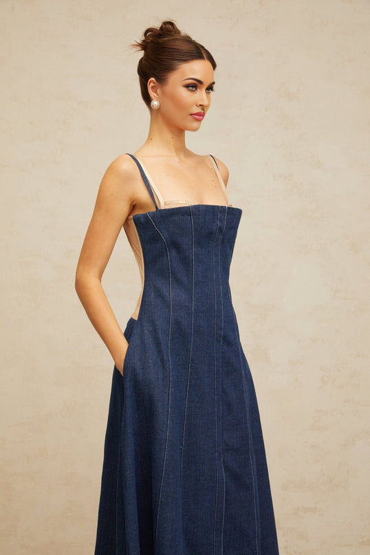 Nives Midi Dress in Indigo Blue & Neutrals Denim with Contrast Stitching Square Neck Front Slit Layered Design Rear Zip Fastening Lined for Comfort