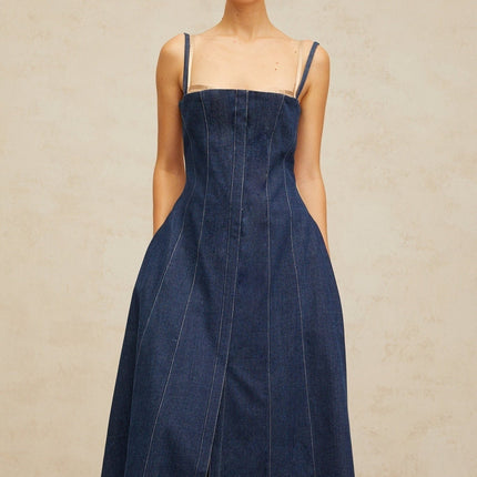 Nives Midi Dress in Indigo Blue & Neutrals with Tulle Paneling and Boned Bodice