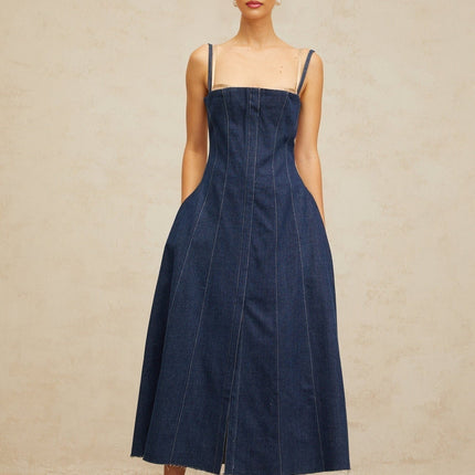Nives Midi Dress in Indigo Blue & Neutrals with Tulle Paneling and Boned Bodice