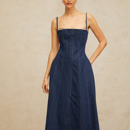 Nives Midi Dress in Indigo Blue & Neutrals with tulle paneling and boned bodice, square neck, front slit, and denim fabric