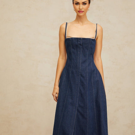 Nives Midi Dress in Indigo Blue & Neutrals with tulle paneling and boned bodice, square neck, front slit, and denim fabric