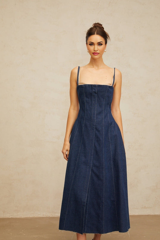 Nives Midi Dress in Indigo Blue & Neutrals with tulle paneling and boned bodice, square neck, front slit, and denim fabric
