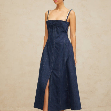 Nives Midi Dress in Indigo Blue with Tulle Paneling and Boned Bodice