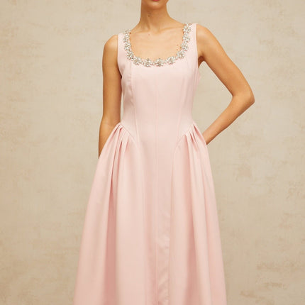 Nives Pink Crystal Pleated Midi Dress in Satin Finish