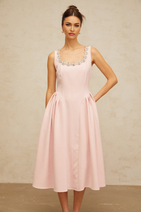 Nives Pink Crystal Pleated Midi Dress in Satin Finish