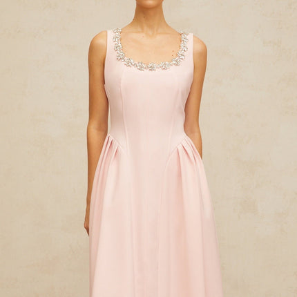 Nives Pink Crystal Pleated Midi Dress Satin Square Neck Sleeveless Opulent Embellishments