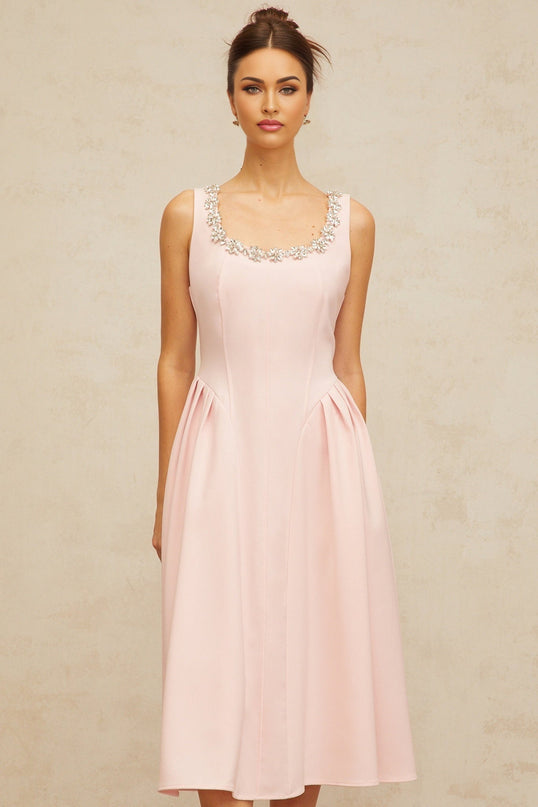 Nives Pink Crystal Pleated Midi Dress Satin Square Neck Sleeveless Opulent Embellishments