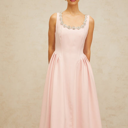 Nives Pink Crystal Pleated Midi Dress