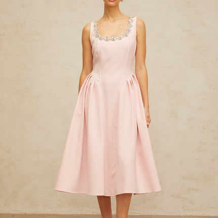 Nives Pink Crystal Pleated Midi Dress