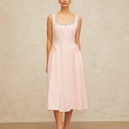 Nives Pink Crystal Pleated Midi Dress