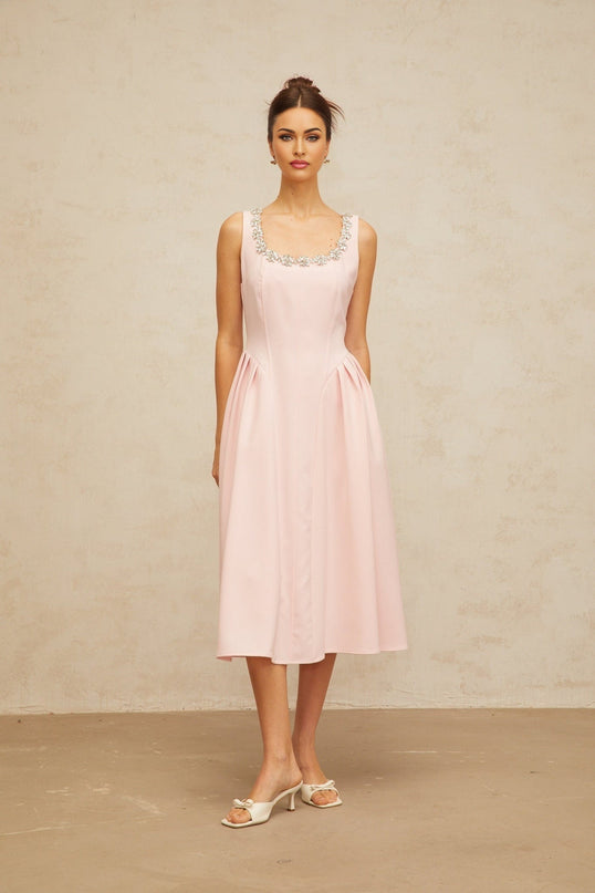 Nives Pink Crystal Pleated Midi Dress