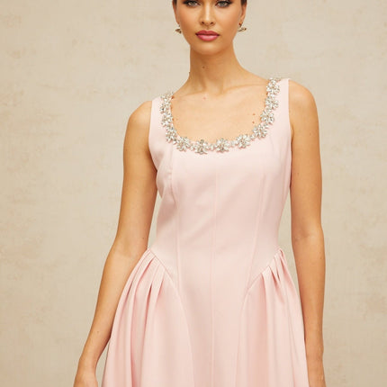 Nives Pink Crystal Pleated Midi Dress