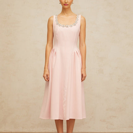 Nives Pink Crystal Pleated Midi Dress in Satin Finish