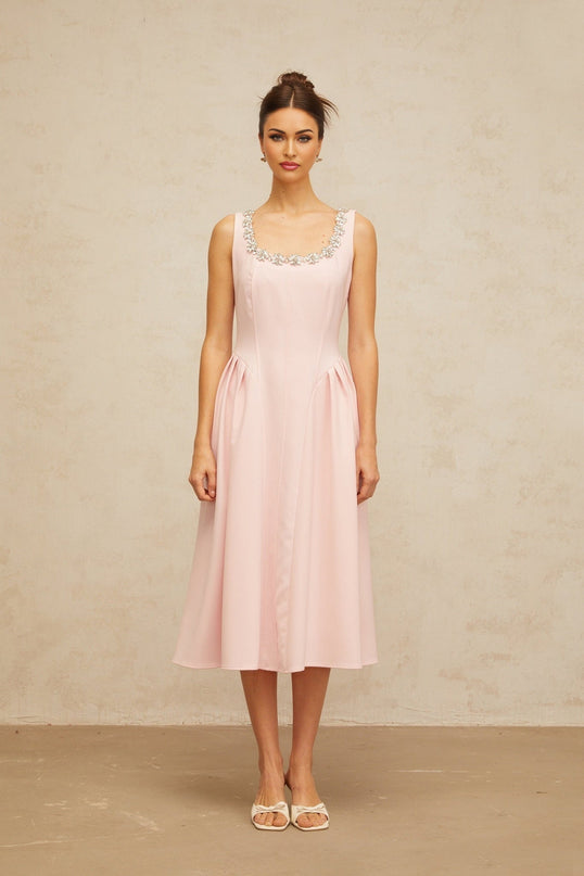 Nives Pink Crystal Pleated Midi Dress in Satin Finish