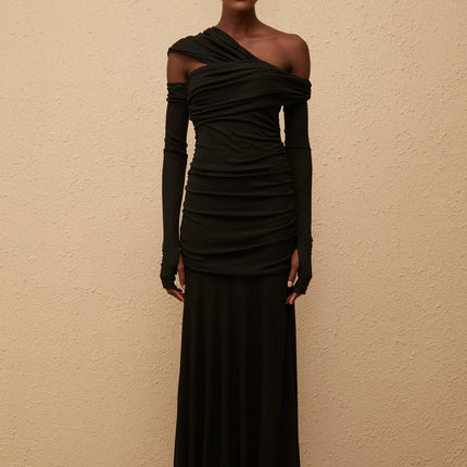 Noemi Black Maxi Dress with One-Shoulder Design and Ruched Detailing