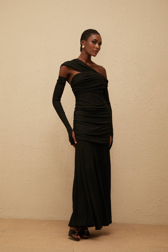 Noemi Black Maxi Dress with One-Shoulder Design and Ruched Detailing