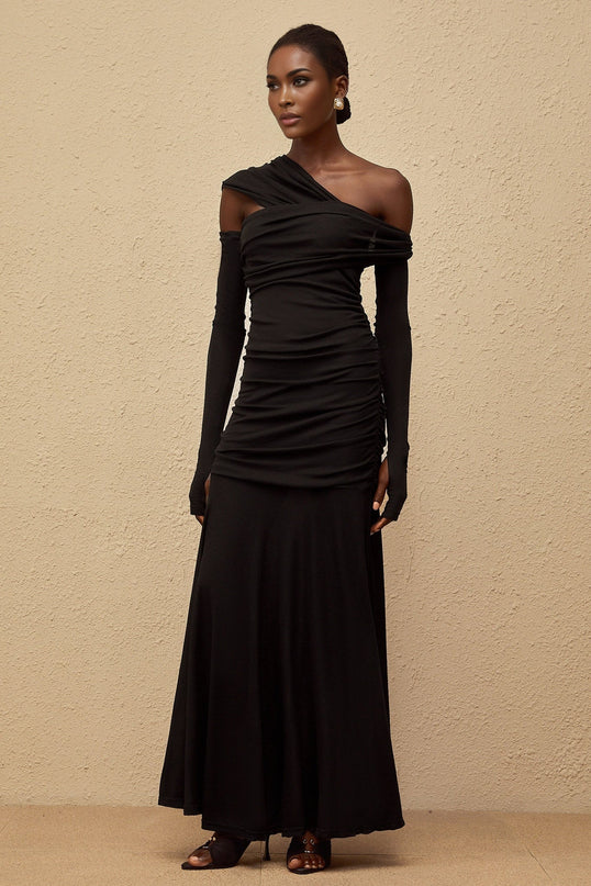 Noemi Black Maxi Dress with One-Shoulder Design and Ruched Detailing