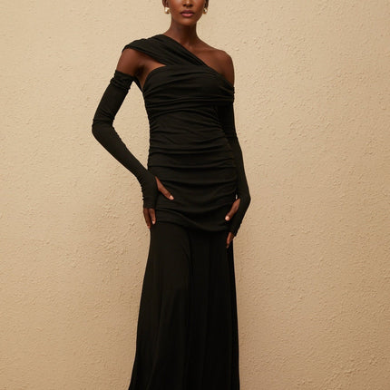 Noemi Black Maxi Dress with One-Shoulder Design and Ruched Detailing