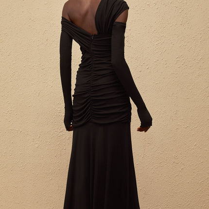 Noemi Black Maxi Dress with One-Shoulder Design and Ruched Detailing