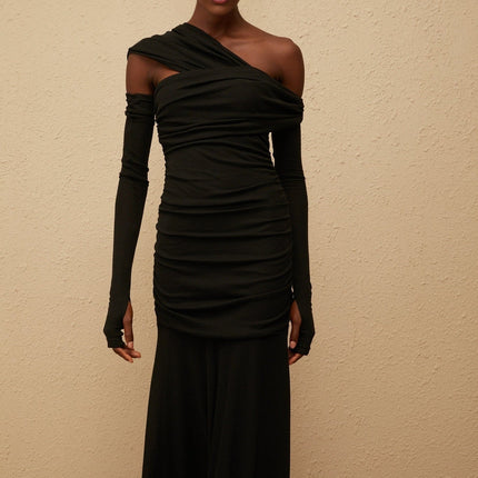 Noemi Black Maxi Dress Terylene Knit One-Shoulder Ruched Cut-Out Fitted Waistline Separated Gloves Shirred Panel Special Occasion Elegant Luxury Sophisticated