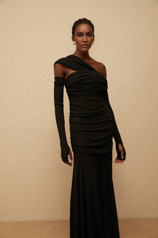 Noemi Black Maxi Dress with One-Shoulder Design and Ruched Detailing