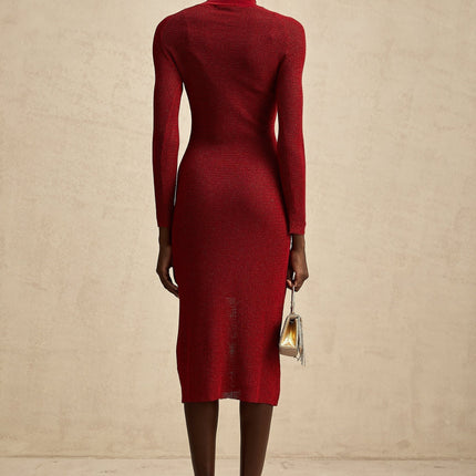Noemi Burgundy Red Midi Dress with Mock Neck and Pointelle design