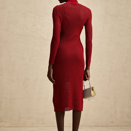 Noemi Burgundy Red Midi Dress with Mock Neck and Pointelle design