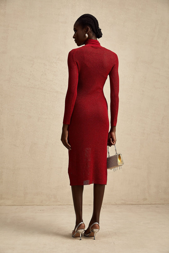 Noemi Burgundy Red Midi Dress with Mock Neck and Pointelle design