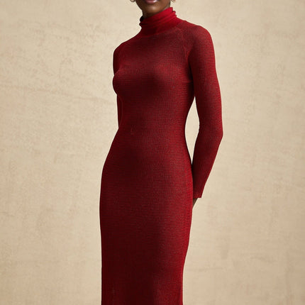 Noemi Burgundy Red Midi Dress Mock Neck Pointelle Metallic Threading Long Sleeves Straight Hem Slip-on Style Calf Length Viscose Terylene Nylon Spandex