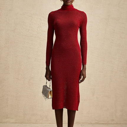 Noemi Burgundy Red Midi Dress Mock Neck Pointelle Metallic Threading Slip Dress Long Sleeves Straight Hem Viscose Terylene Nylon Spandex