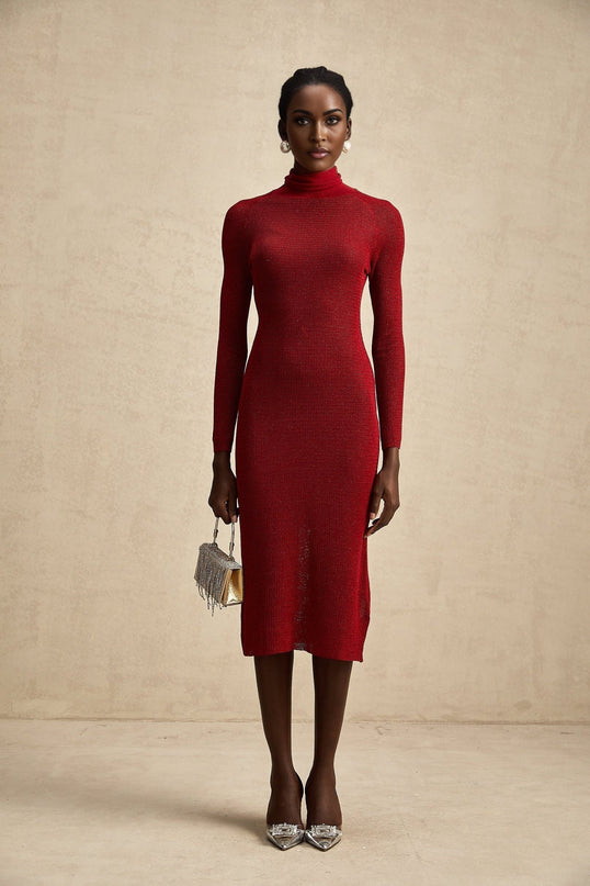 Noemi Burgundy Red Midi Dress Mock Neck Pointelle Metallic Threading Slip Dress Long Sleeves Straight Hem Viscose Terylene Nylon Spandex