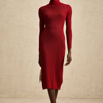 Noemi Burgundy Red Midi Dress Mock Neck Pointelle Metallic Threading Long Sleeve Straight Hem Slip-On Style Calf Length Viscose Terylene Nylon Spandex