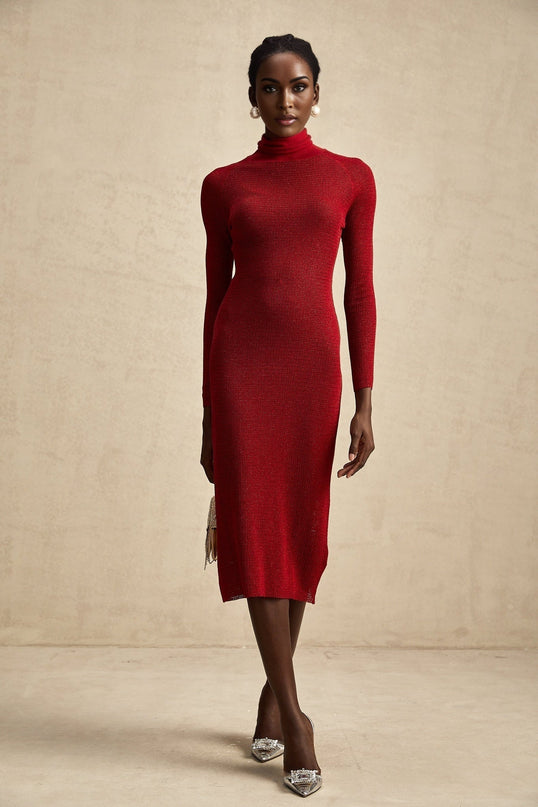 Noemi Burgundy Red Midi Dress Mock Neck Pointelle Metallic Threading Long Sleeve Straight Hem Slip-On Style Calf Length Viscose Terylene Nylon Spandex
