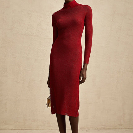 Noemi Burgundy Red Midi Dress with Mock Neck and Metallic Threading