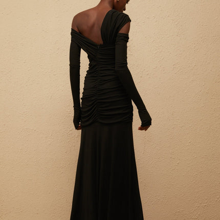 Noemi Maxi Dress Black Terylene Fiber One-Shoulder Ruched Cut-Out Fitted Waistline Gloves Shirred Panel Special Occasion