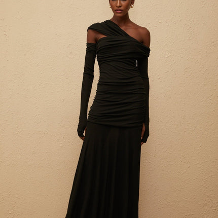 Noemi Maxi Dress in Black one-shoulder ruched cut-out Terylene knit fitted waistline gloves shirred panel special occasion luxury elegance sophistication silhouette dramatic flair timeless style